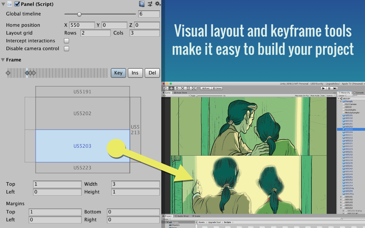 Panoply screenshot with caption that reads Visual layout and keyframe tools make it easy to build your project