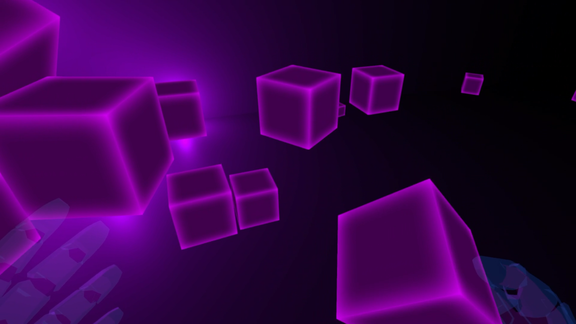 A first-person view of a darkened room filled with glowing purple cubes. We see a pair of transparent virtual hands in front of us, one of which is holding a cube.